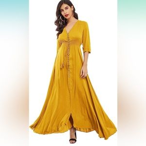 Women's Button up V neck half sleeve Split flowy party Maxi Dress